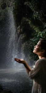Niña con los ojos cerrados y las manos abiertas bajo el agua de una cascada, disfrutando de un momento de conexión con la naturaleza.